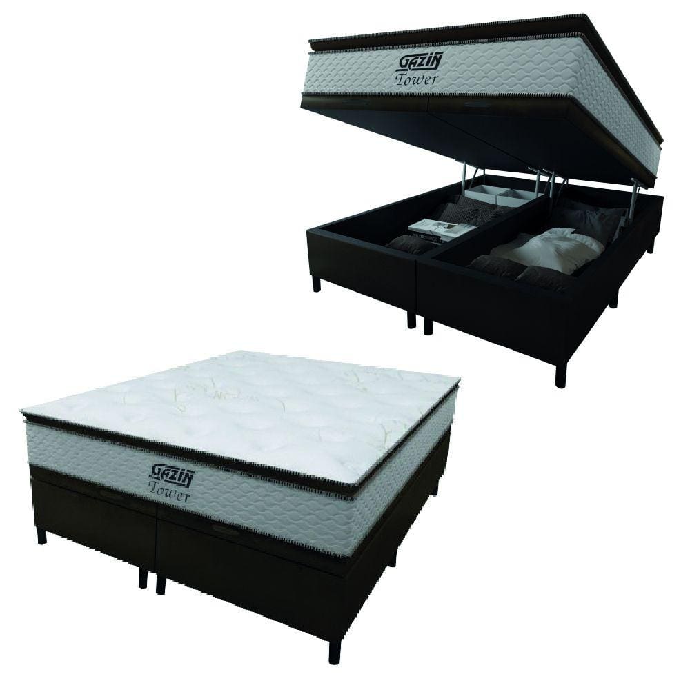Cama Box Baú Queen Colchão Molas Ensacadas Tower 158x198x75cm Branco / Marrom Gazin - Suporta até 120kg por Pessoa