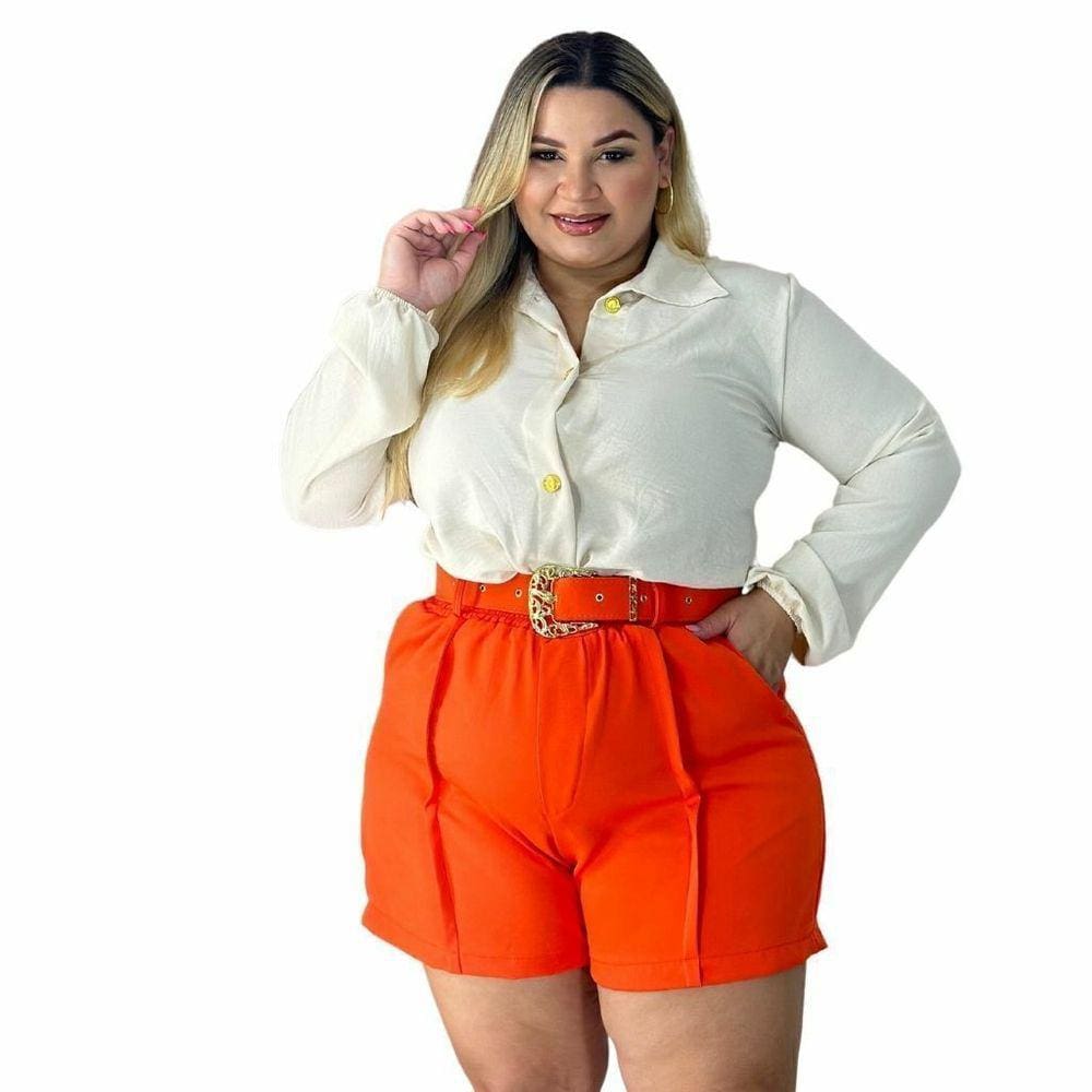 Conjunto Plus Size Feminino Blusa Social e Short com Cinto