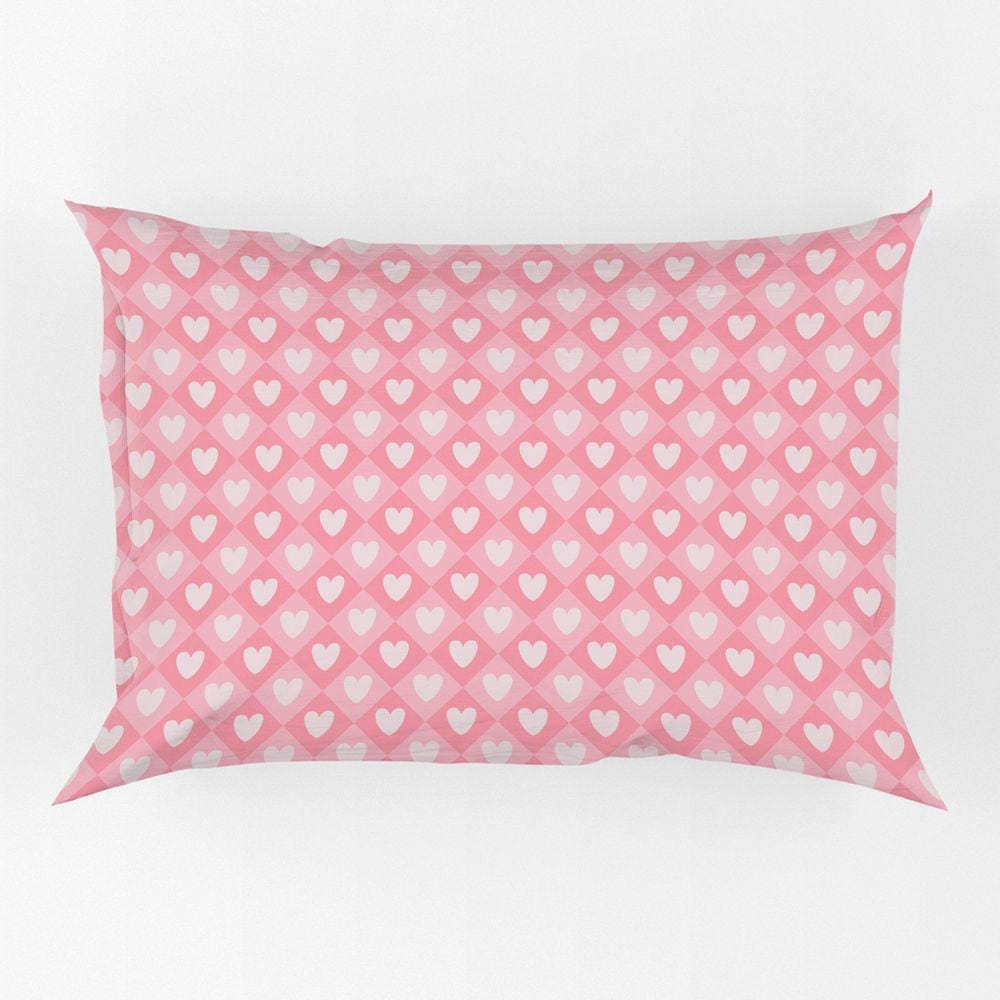 Porta Travesseiro Fronha Avulsa Corações Rosa 70cm x 50cm - Estampa Digital Juvenil Infantil Moderno Decorativo Xadrez
