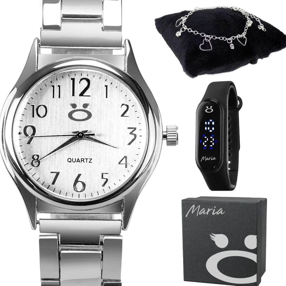 Relogio feminino aço inox prata premium + pulseira + caixa casual presente delicado moda