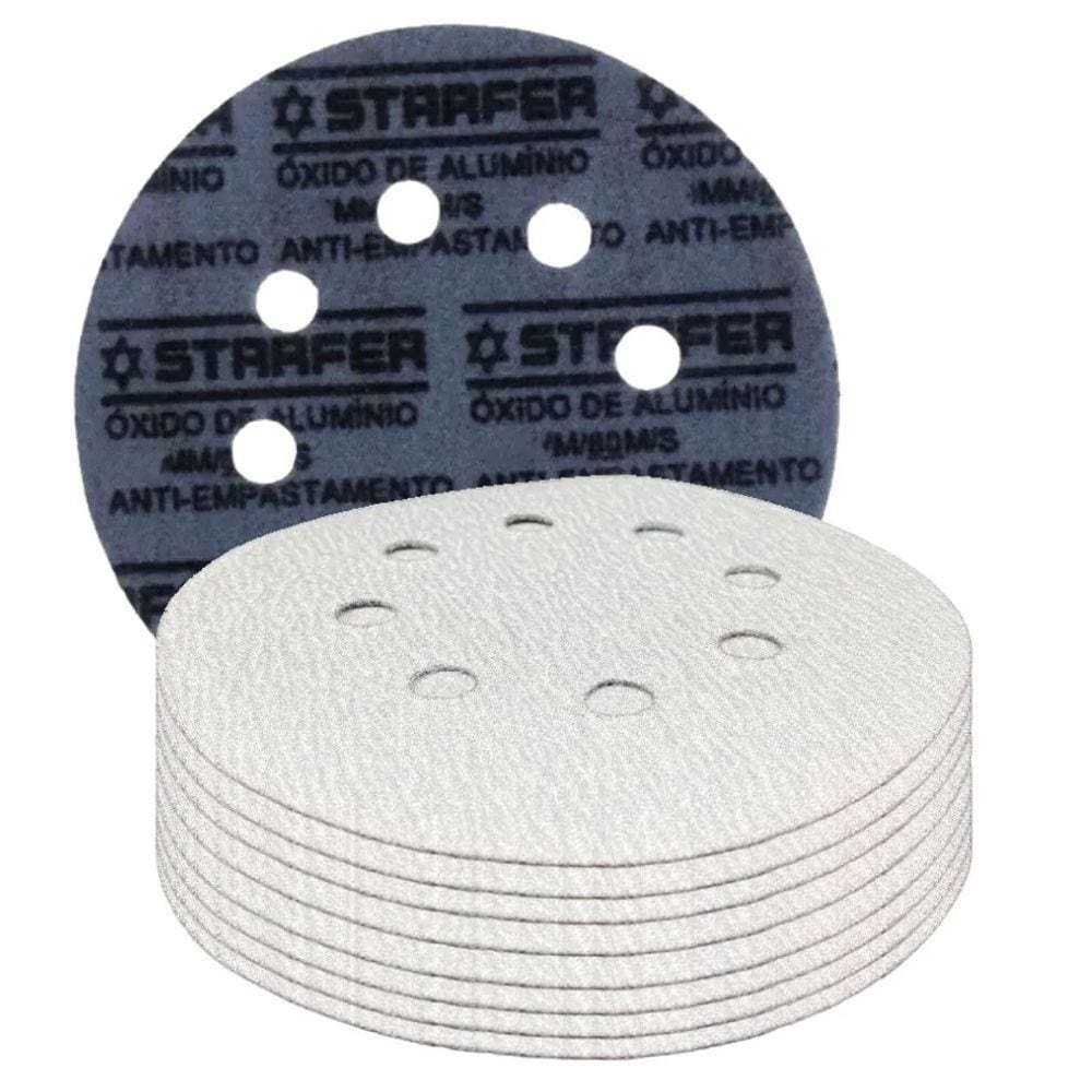 Kit 10 Disco de Lixa Fecho Aderente Branco Pluma 8 Furos 180mm Grão 600 - Starfer