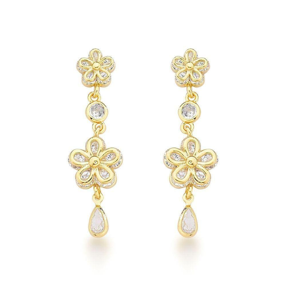 Brinco Romantico Flores E Gota Banhada A Ouro 18k