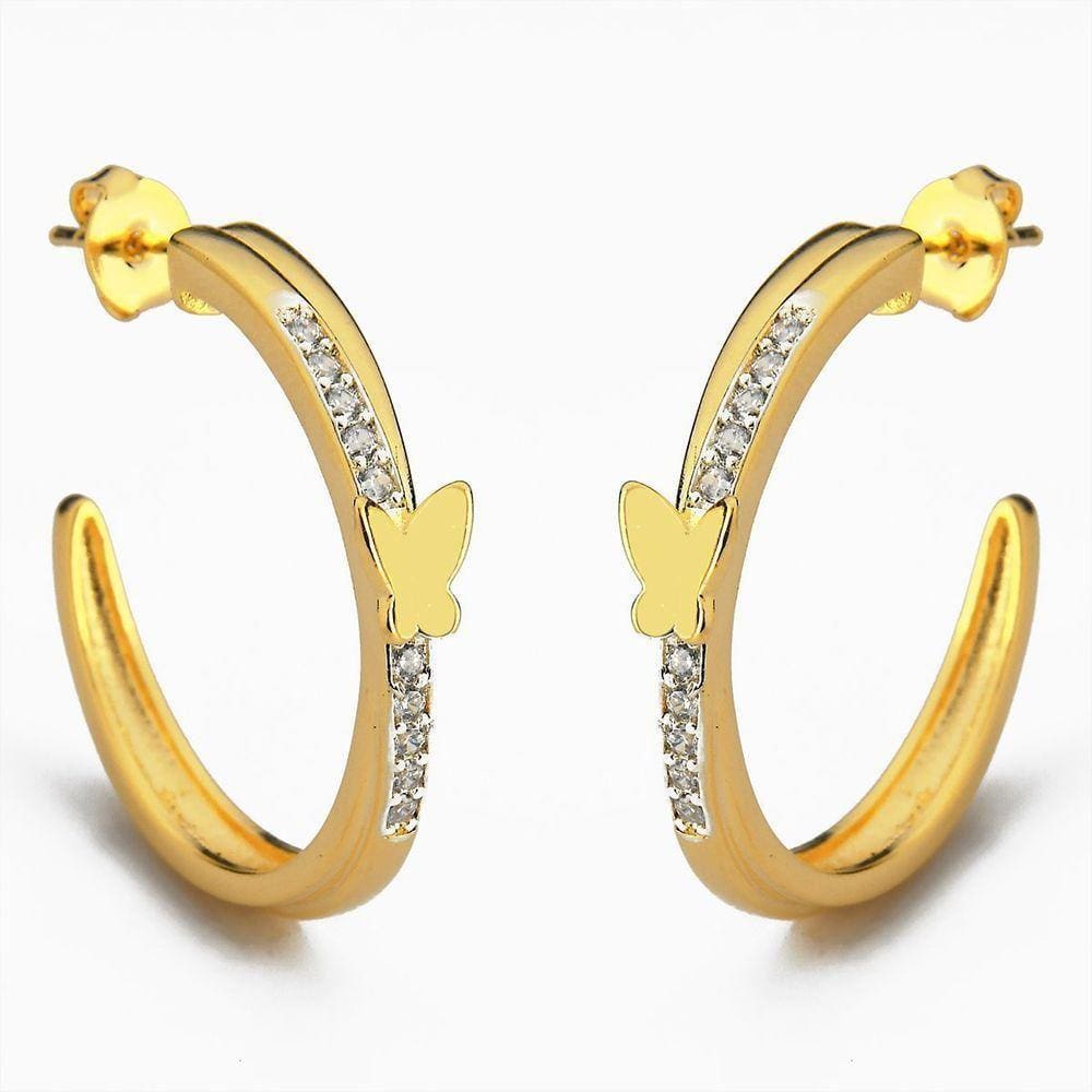 Brinco Argola Cravejada Zircônias Borboleta Banhada A Ouro 18k
