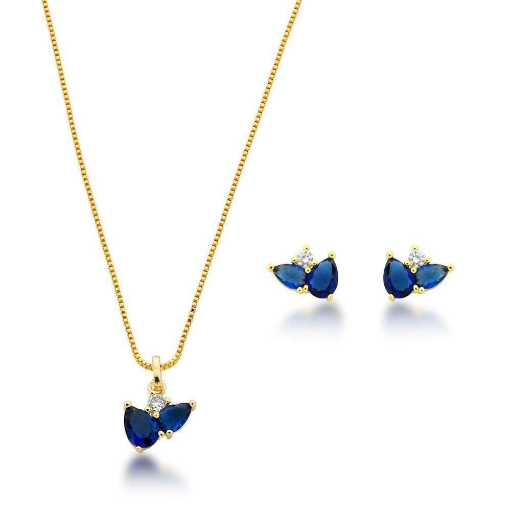 Conjunto Colar E Brincos Em Zirconias Coloridas Banhado A Ouro 18k