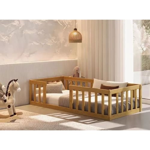 imagem-Cama Solteiro Montessoriane Com Grade Nogueira  - Branco