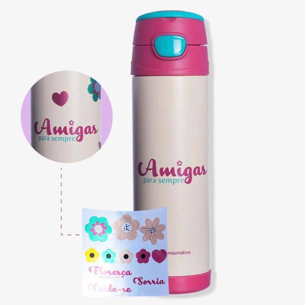 Garrafa Térmica Top Handle Com Adesivos Amigas Floral 500ml