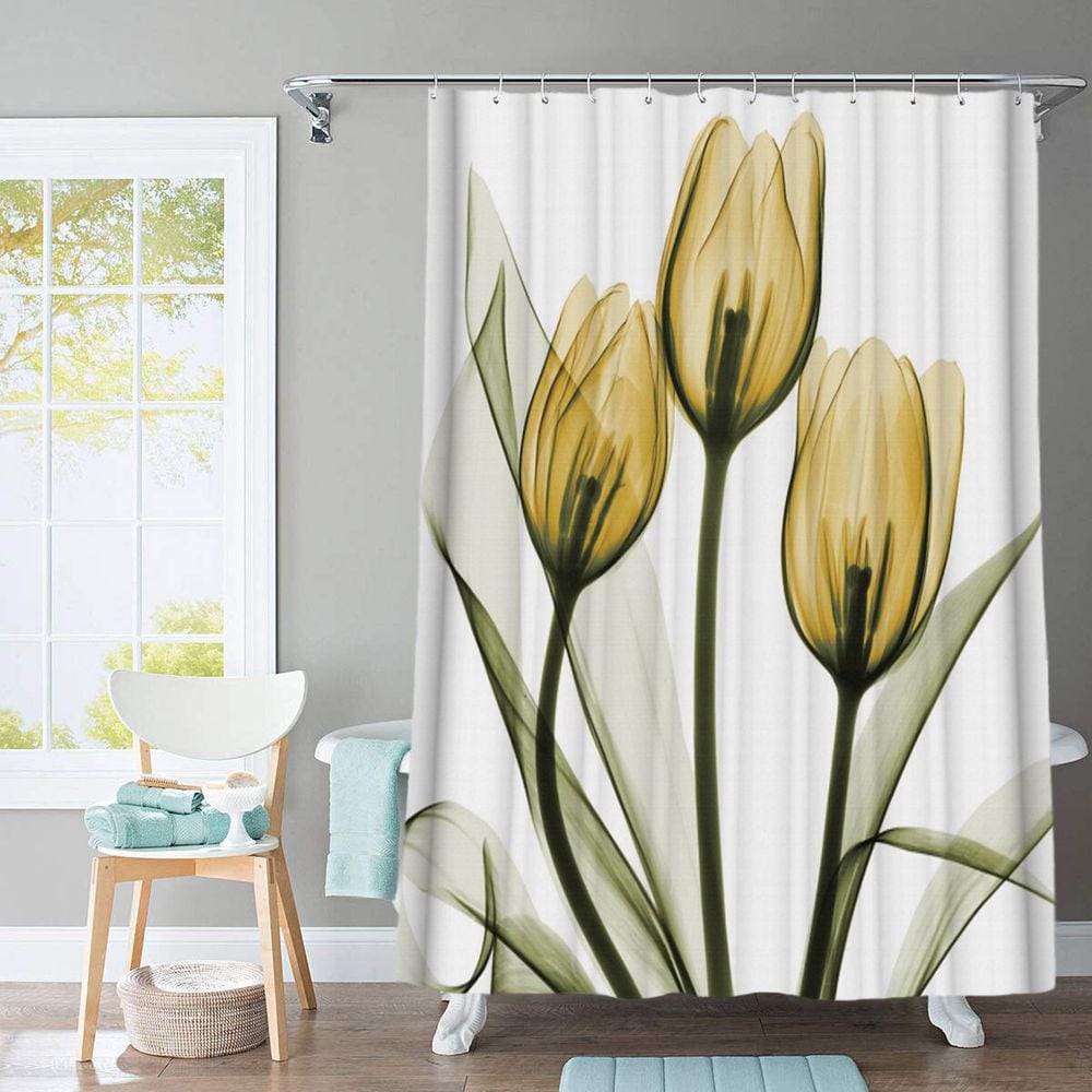 Conjunto de cortinas de chuveiro com flores de tulipa coloridas com tapetes antiderrapantes