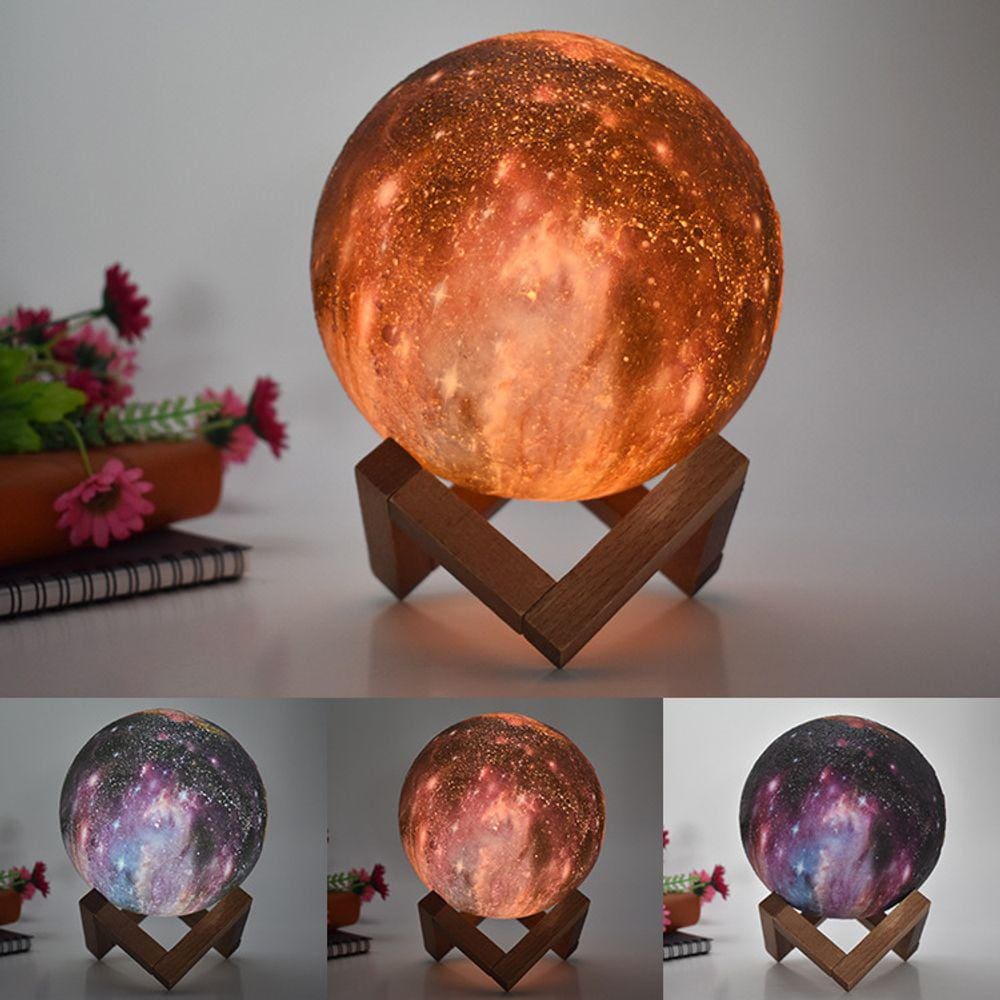 Lâmpada lunar de 8 cm impressa em 3D pintada em três cores