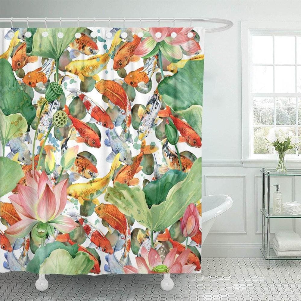 Peixe colorido da aquarela Koi Carp e rosa Lotus Flower Anim