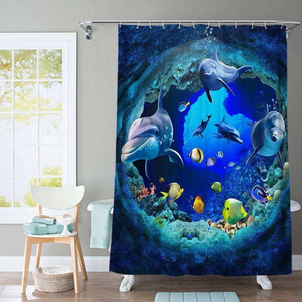 Ocean Dolphin Design 4 em 1 impermeável tecido banheiro 3D Sh