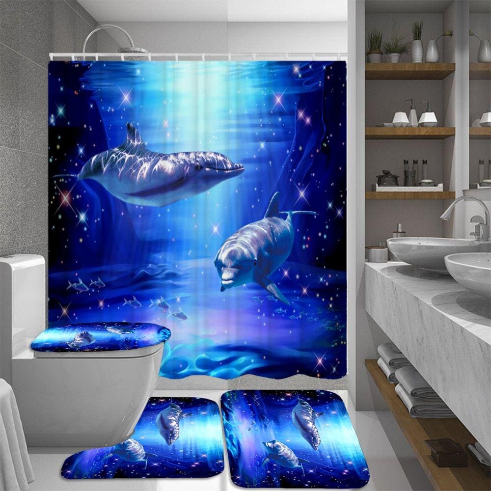  Ocean Dolphin Design 4 em 1 impermeável tecido banheiro 3D S