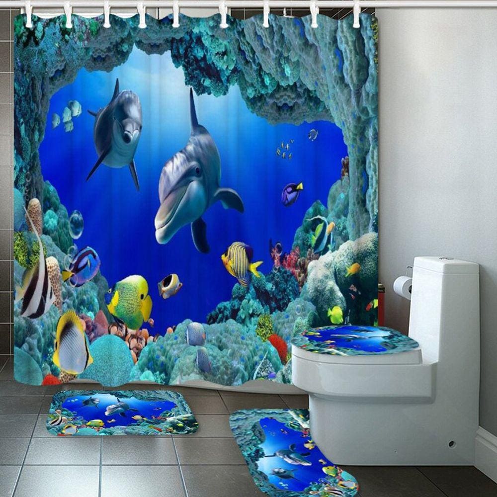 Ocean Dolphin Design 4 em 1 impermeável tecido banheiro 3D S