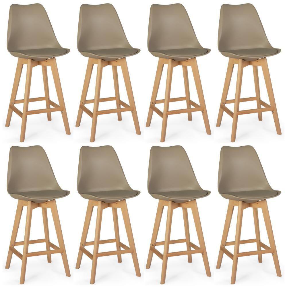 Kit 8 Banqueta Alta Leda Base Madeira com Encosto - Nude