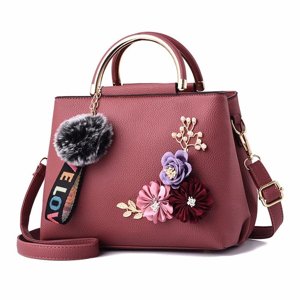 Bolsa de ombro de couro AECLVR feminina com design de flores preta