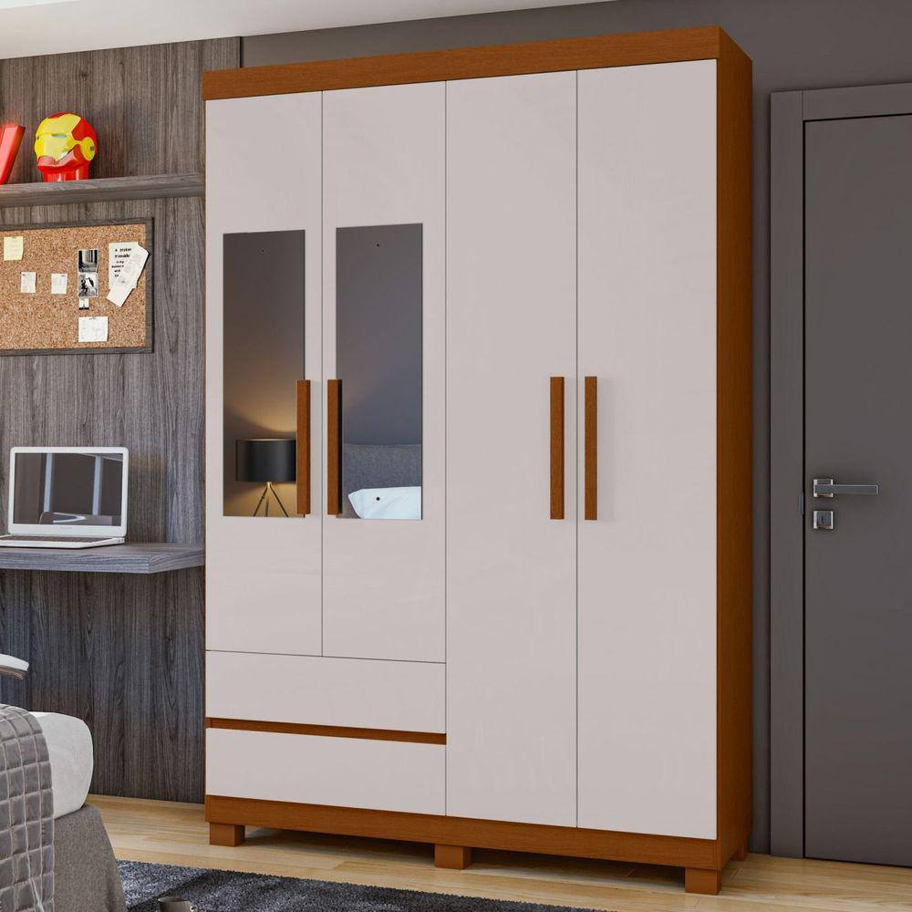 Guarda-roupa 4 Portas 2 Gavetas Zeus com Espelho e com Pés Frassino/Off White