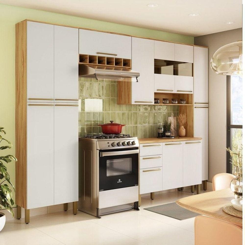 Cozinha Modulada Completa 5 Peças 13 Portas 2 Gavetas com Tampo e Vidro Reflecta 100% Mdf Itália Esp Amêndoa/Off White