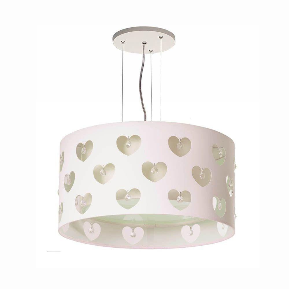 Lustre Infantil Pendente Corações com Cristais 30x16 Branco