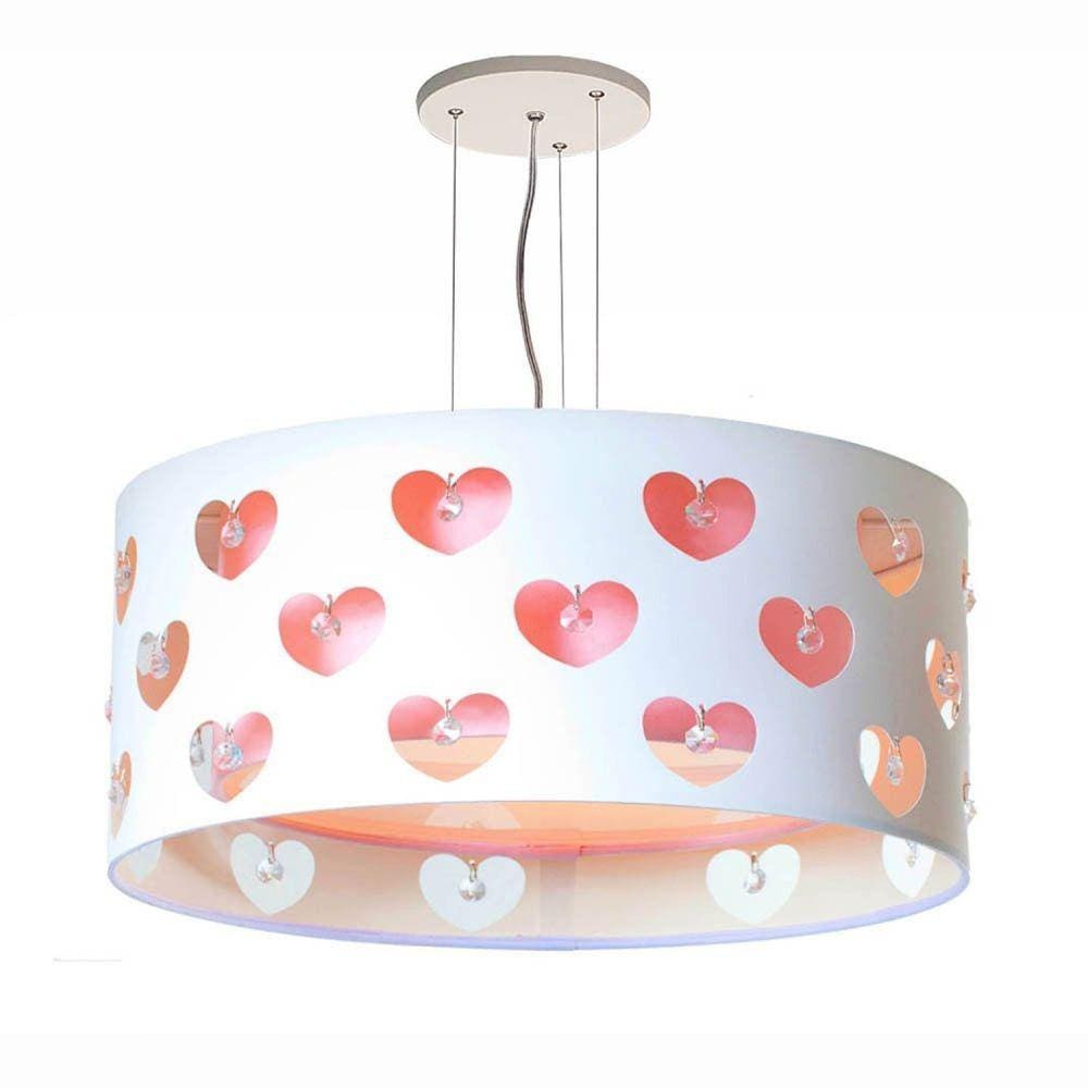 Lustre Infantil Pendente Corações com Cristais 40x16 Rosa/Branco