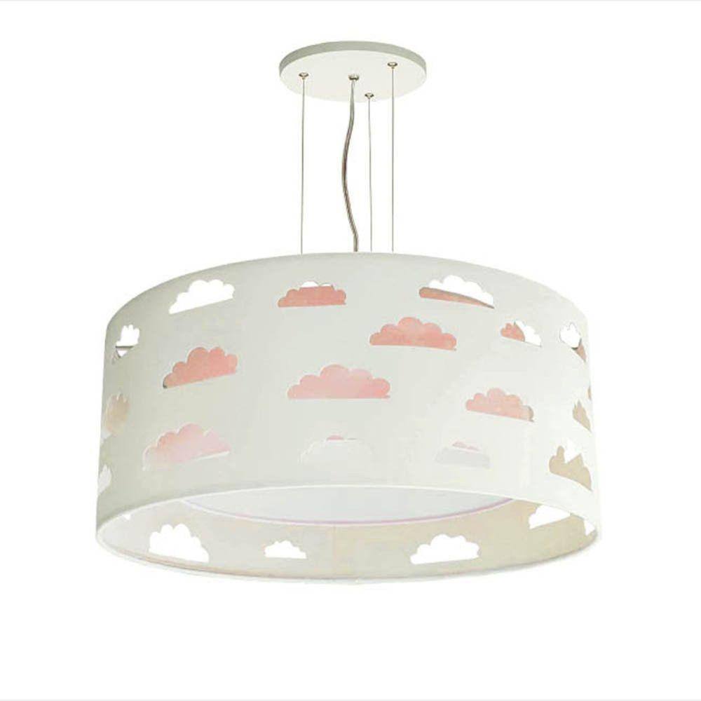 Lustre Infantil Luminária Pendente Nuvens Recortes 40x16 Rosa/Branco