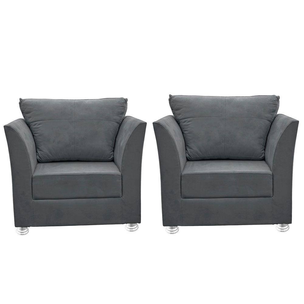 Kit 02 Poltronas Decorativa para Sala e Quarto Lisboa Suede Cinza Escuro