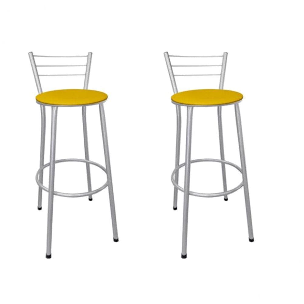 Kit 2 Banquetas Altas Prata com Encosto Assento Amarelo