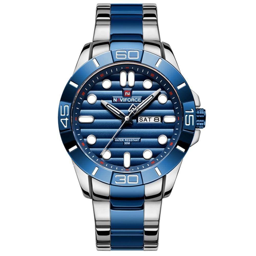 Relógio De Pulso Masculino De Quartzo Design Casual Em Aço Inoxidável Impermeavel Azul Prata