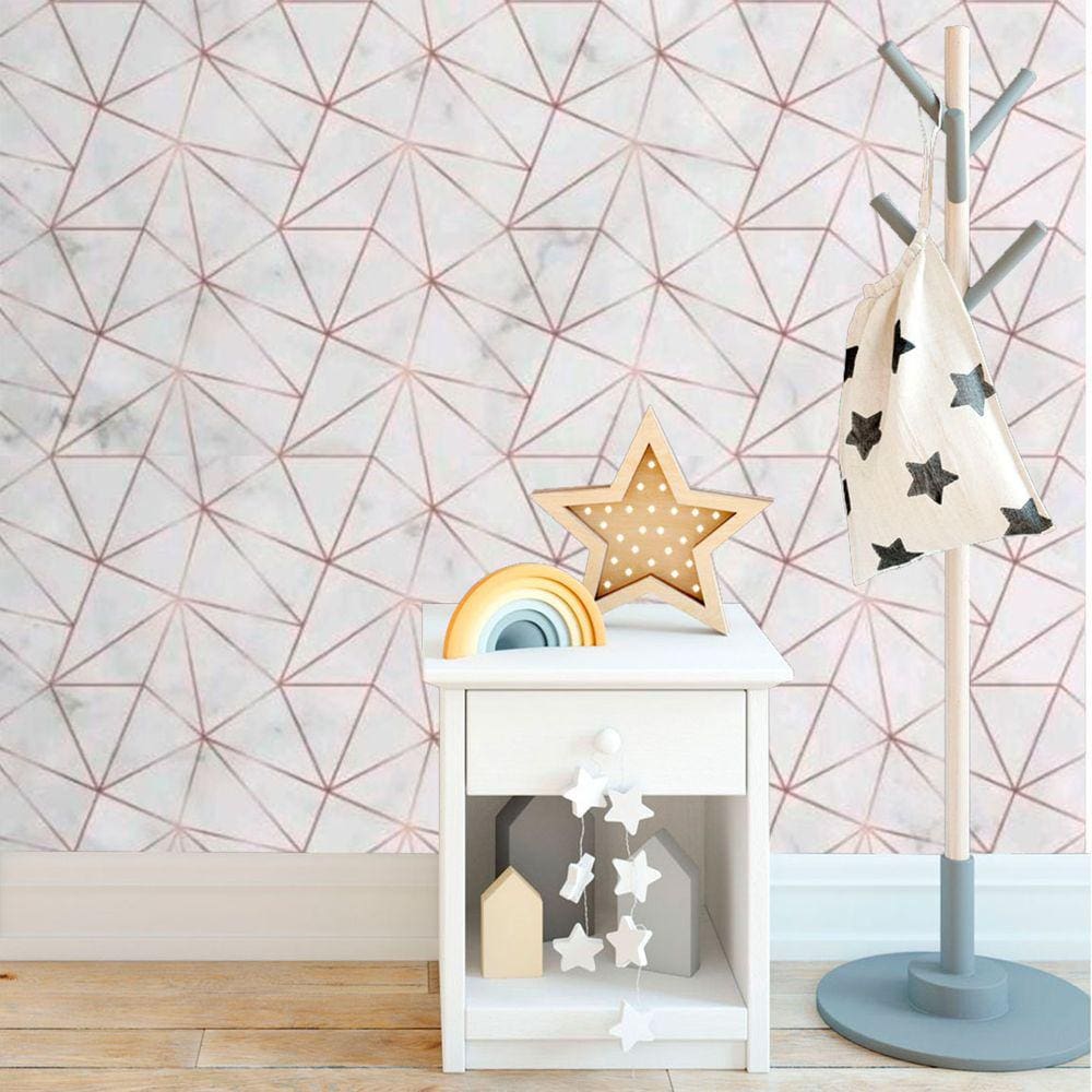 Papel de Parede Geométrico Zara Rose Marmorizado 5 Metros x 45Cm Adesivo Lavável Sala Quarto