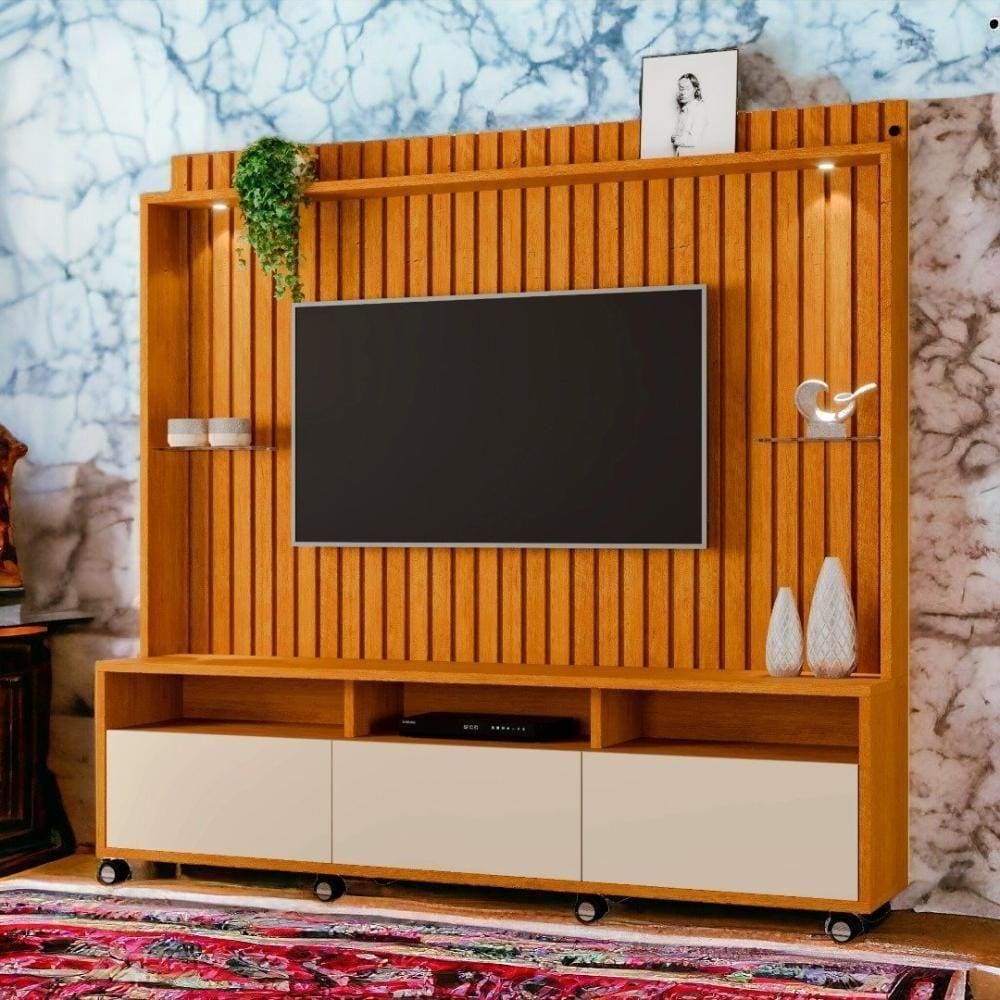 Estante Home Tvs 60" 4 Portas Absoluto Naturalle E Off Ripado Carmolar