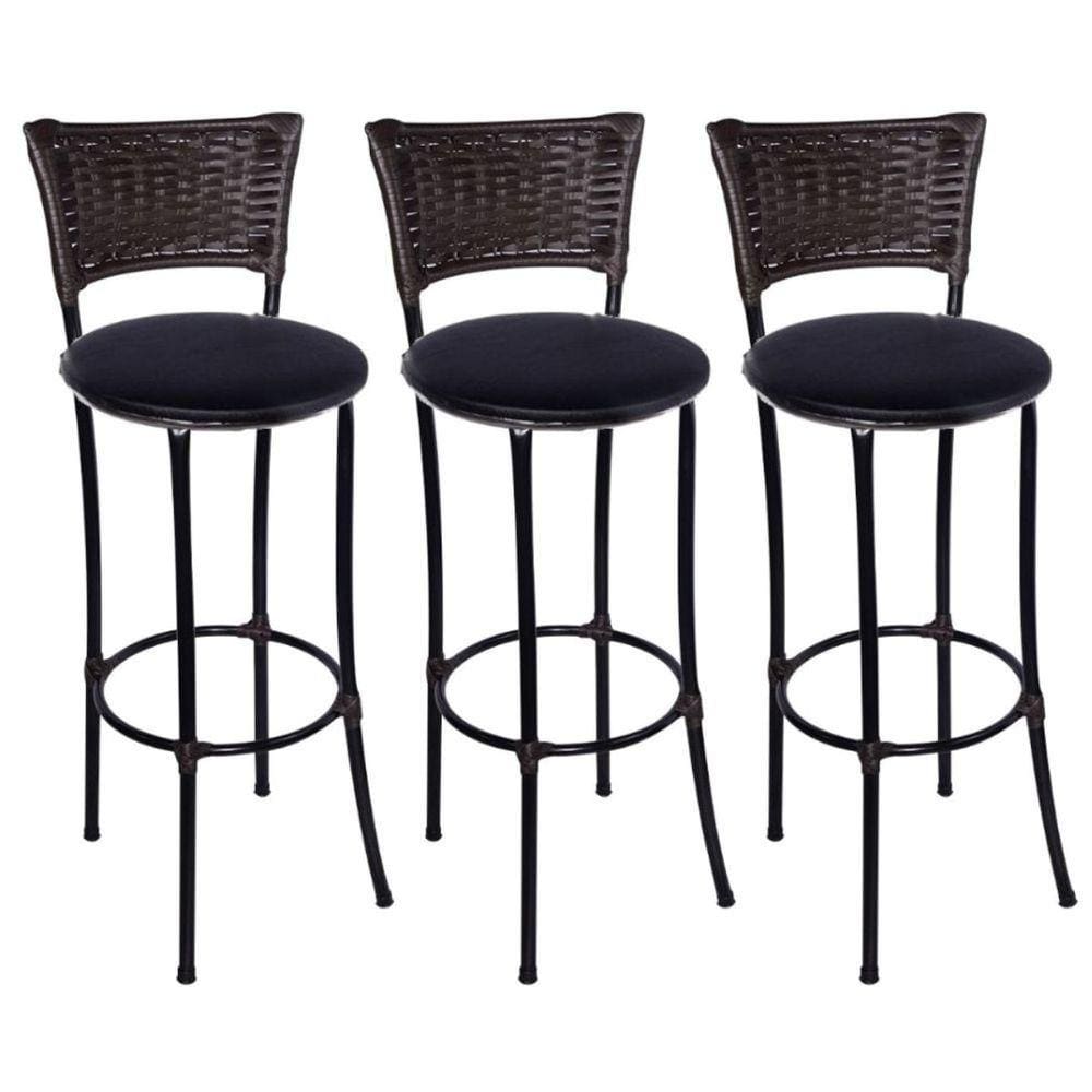 Kit 3 Banquetas Alta Romana Preta com Encosto Junco Argila Assento Preto