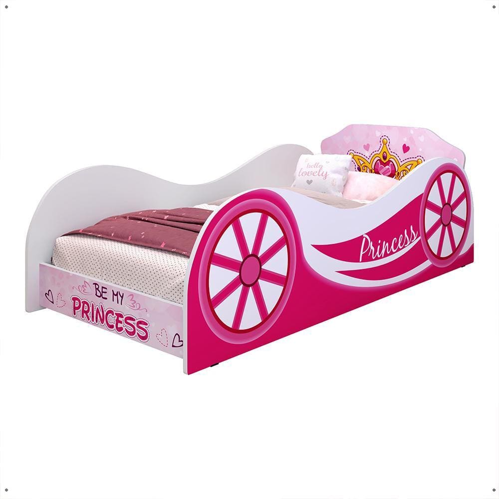 Cama Solteiro Infantil Simples Carruagem MDF Montessoriana Lateral Grade Protetora Quarto Juvenil Menina Tema Princess - RPM