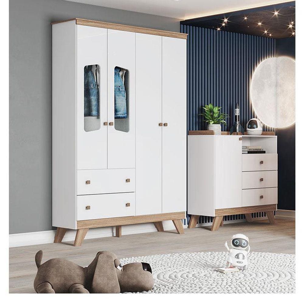 Cômoda e Guarda Roupa Infantil Ambiente Confete Branco Brilho Jequitibá HP - Henn