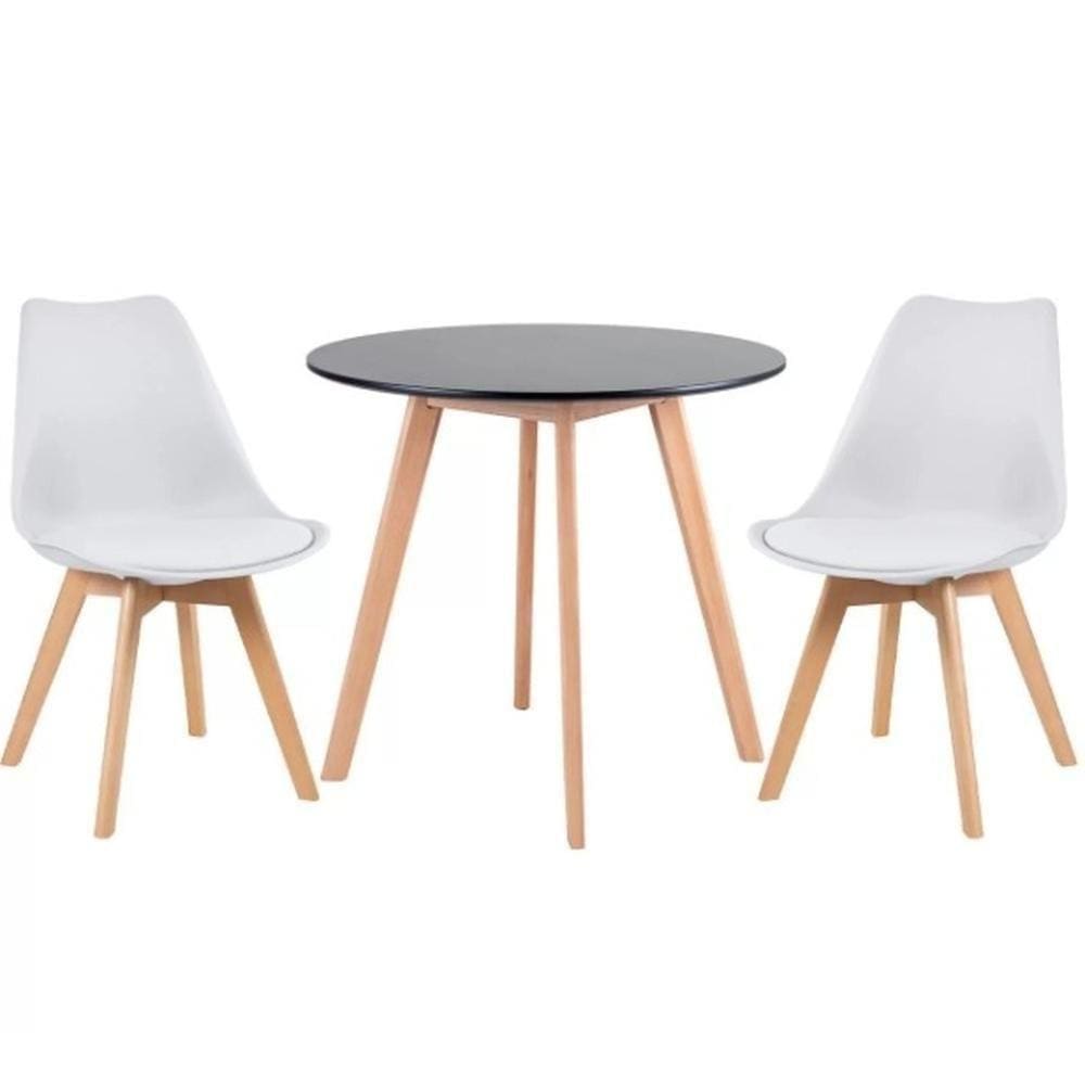 Kit - Mesa Redonda Leda 80 Cm Preto + 2 Cadeiras Estofadas Leda Branco
