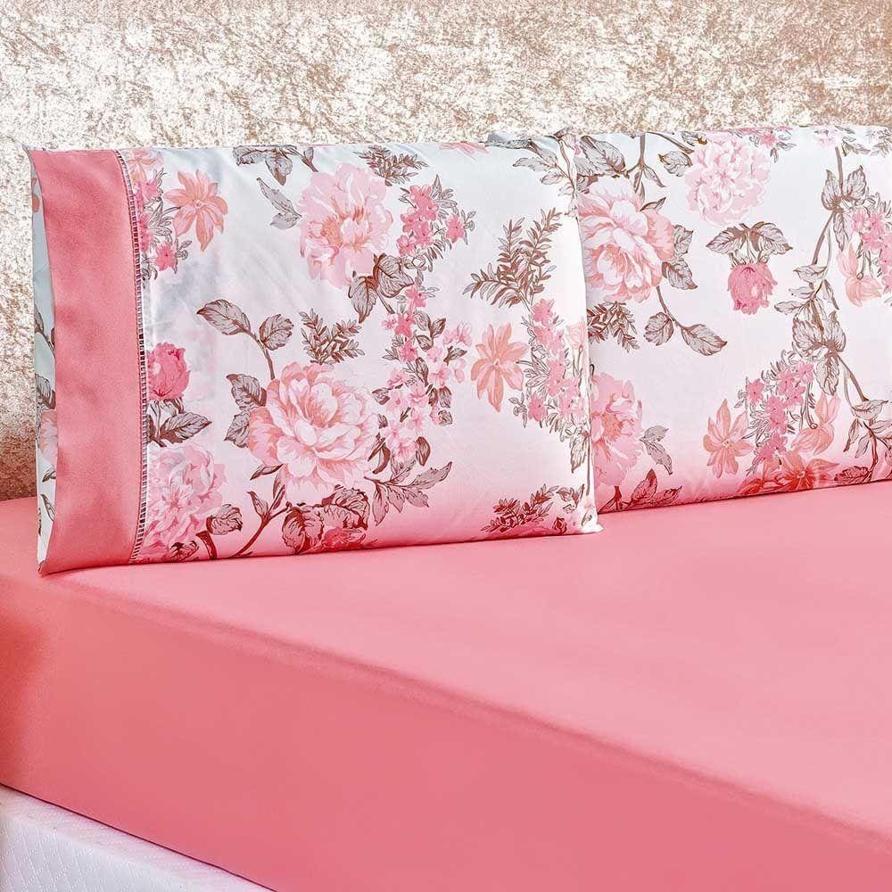 Jogo De Lençol Real King 3 Peças Micropercal 200 Fios Ponto Palito Estampado - Rosa Serene Floral
