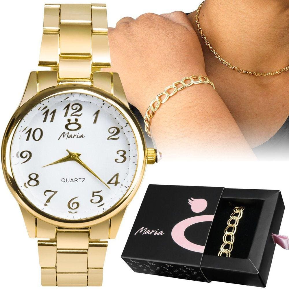 Relógio feminino banhado aço inox strass + colar + pulseira presente social moda maria