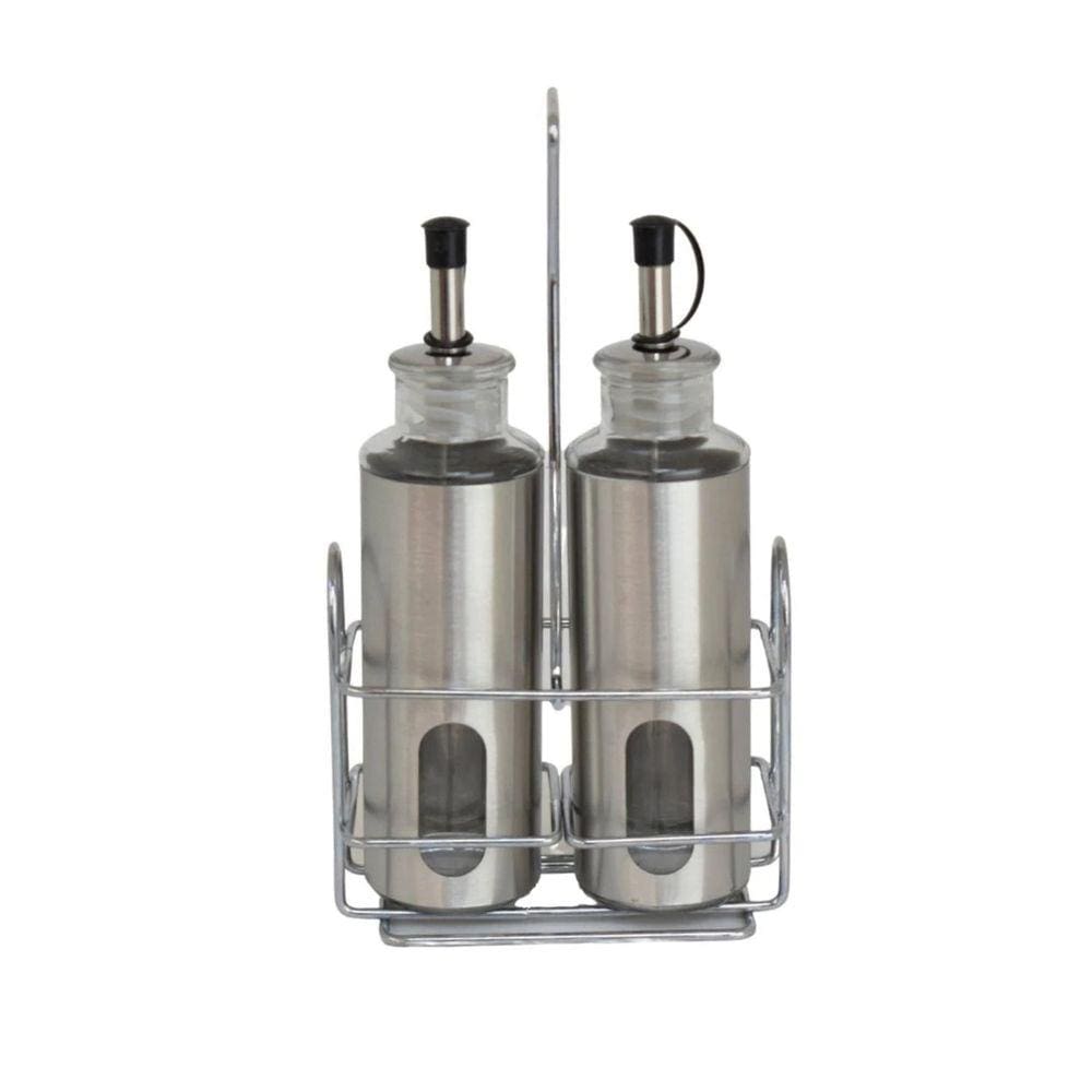 Galheteiro 3 Peças Vidro e Aço Inox Azeiteiro Vinagreiro C/suporte