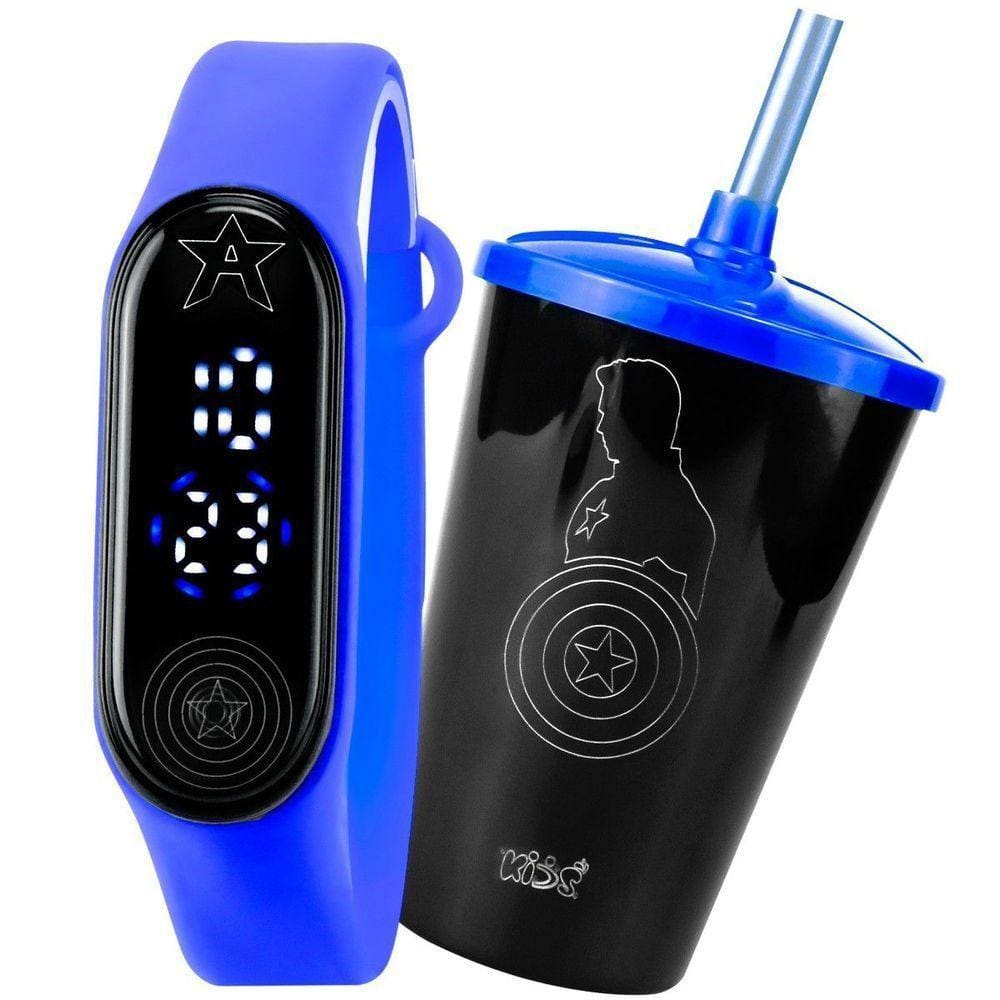 Relogio Digital Prova Dagua Infantil + Copo Capitao America Qualidade Premium Presente Menino