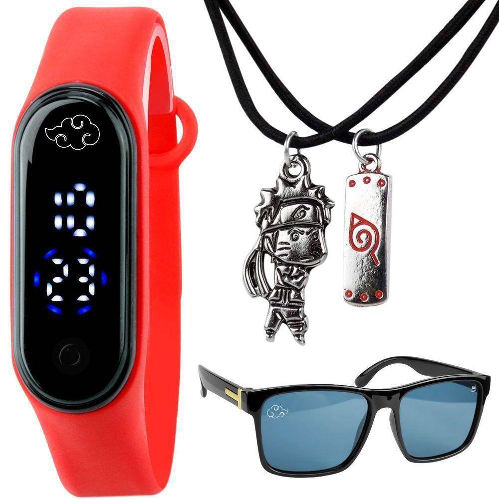 Relogio Digital Infantil Led Naruto + Colar Duplo + Oculos