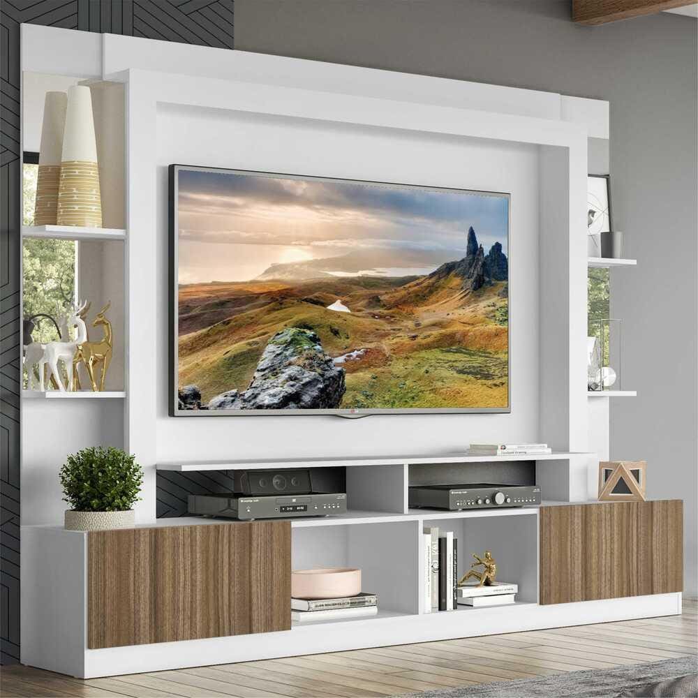 Rack c/ Painel TV 65” Prateleiras c/ Espelho Oslo Multimóveis Branco/Madeirado