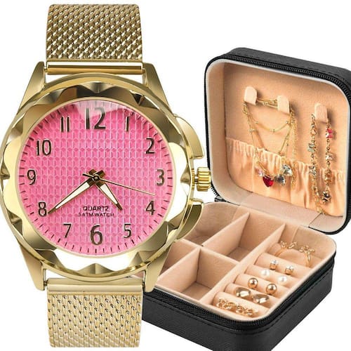 imagem-Relogio Feminino Banhado + Brincos + Porta Joia + Colar
