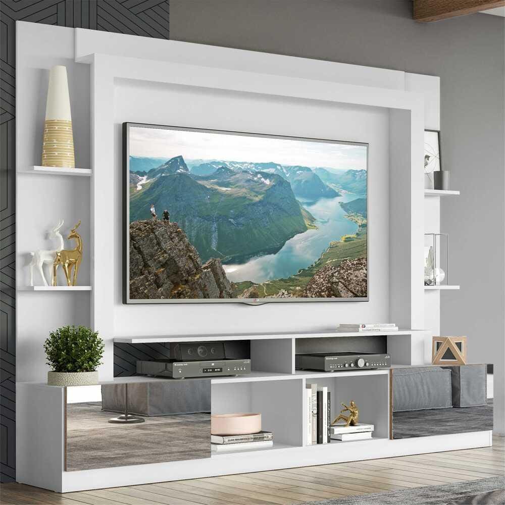 Rack c/ Painel TV 65” Portas c/ Espelho Oslo Multimóveis Branco/Madeirado