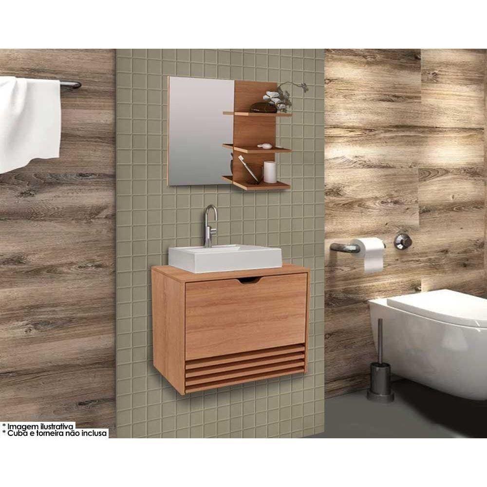 Conjunto De Banheiro Armário C- Espelho Bn3608 E Balcão Suspenso Bn3613 S- Cuba Pia 60cm Cor Amêndoa - Tecno Mobili