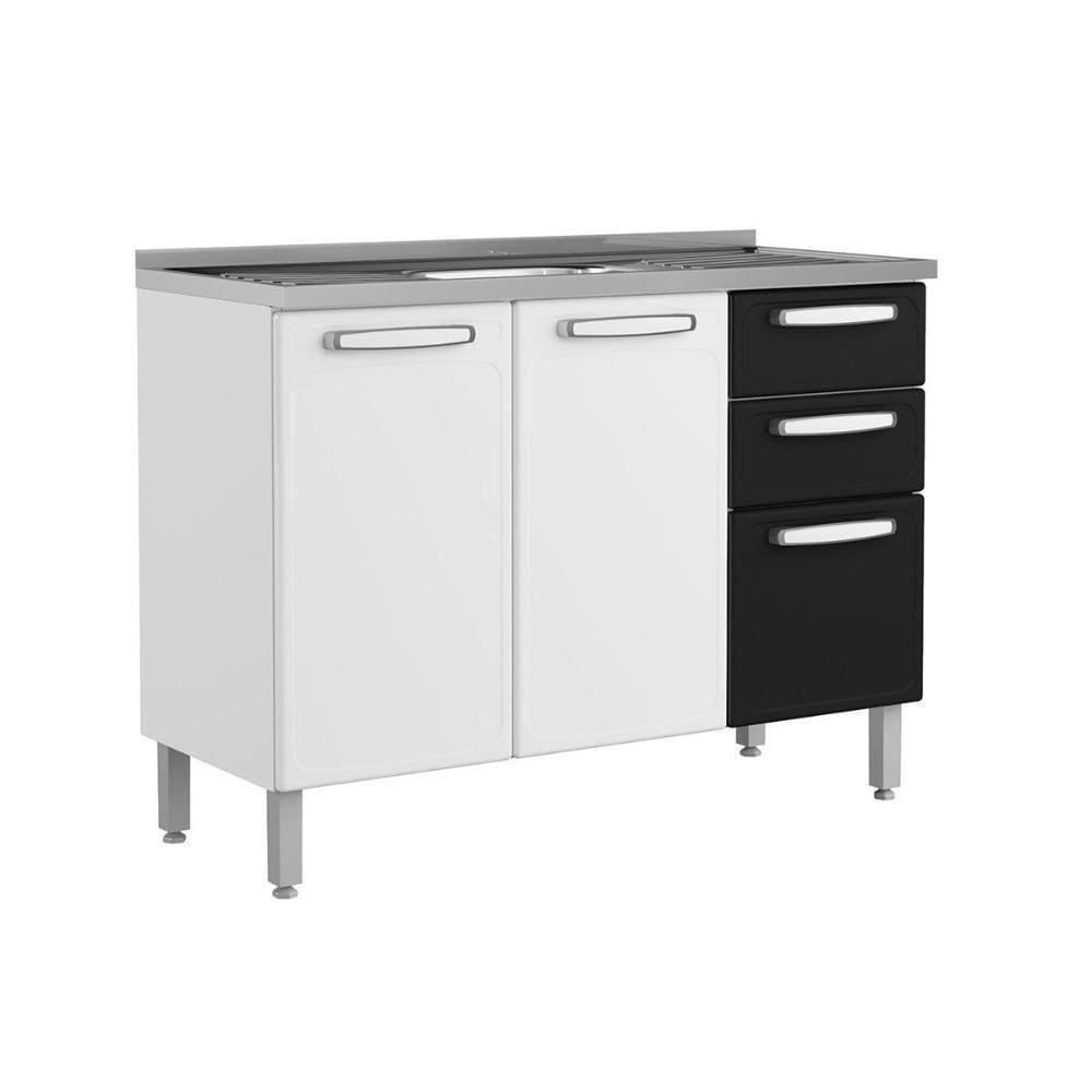 Balcão De Cozinha Gabinete C- Pia Evidence 7025 3 Portas 2 Gavetas 120cm Branco-preto - Bertolini