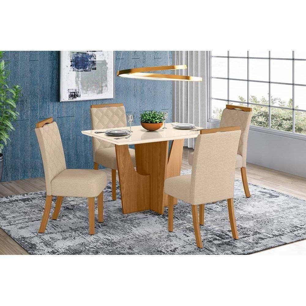 Sala De Jantar Completa Tampo Madeirado C- Vidro 120x80cm E 4 Cadeiras Nature veludo Light Linho