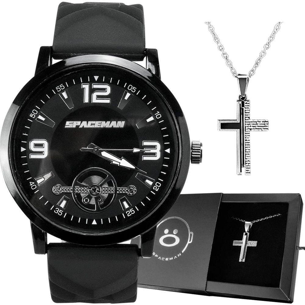 Cordão Prata + Relogio Masculino Preto Casual Social Cordao