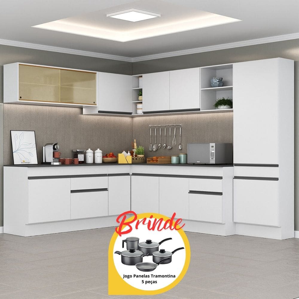 Armário de Cozinha Completa de Canto com Rodapé Veneza Multimóveis MP2100.964 Branco/Preto