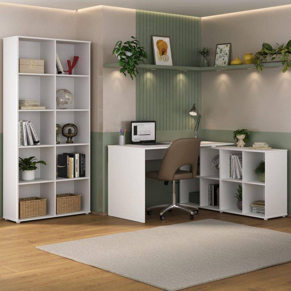 Conjunto para Escritório e Home Office com Mesa em L com Nichos e Estante com Nichos Branco