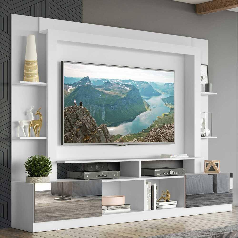 Rack c/ Painel e Suporte TV 65” Portas c/ Espelho Oslo Multimóveis Branco/Lacca Fumê