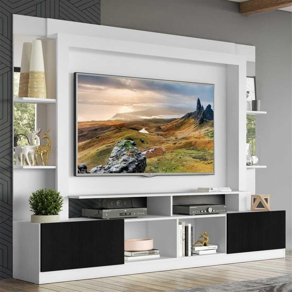 Rack c/ Painel TV 65” Prateleiras c/ Espelho Oslo Multimóveis Branco/Preto