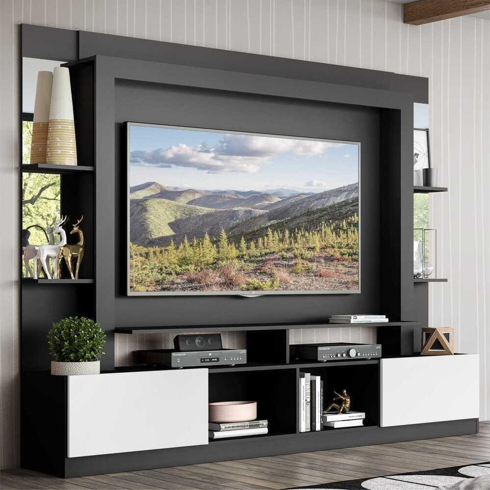 Rack c/ Painel TV 65” Prateleiras c/ Espelho Oslo Multimóveis Preto/Branco