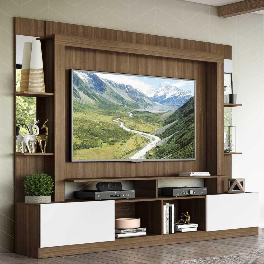 Rack c/ Painel e Suporte TV 65” Prateleiras c/ Espelho Oslo Multimóveis Madeirado/Branco